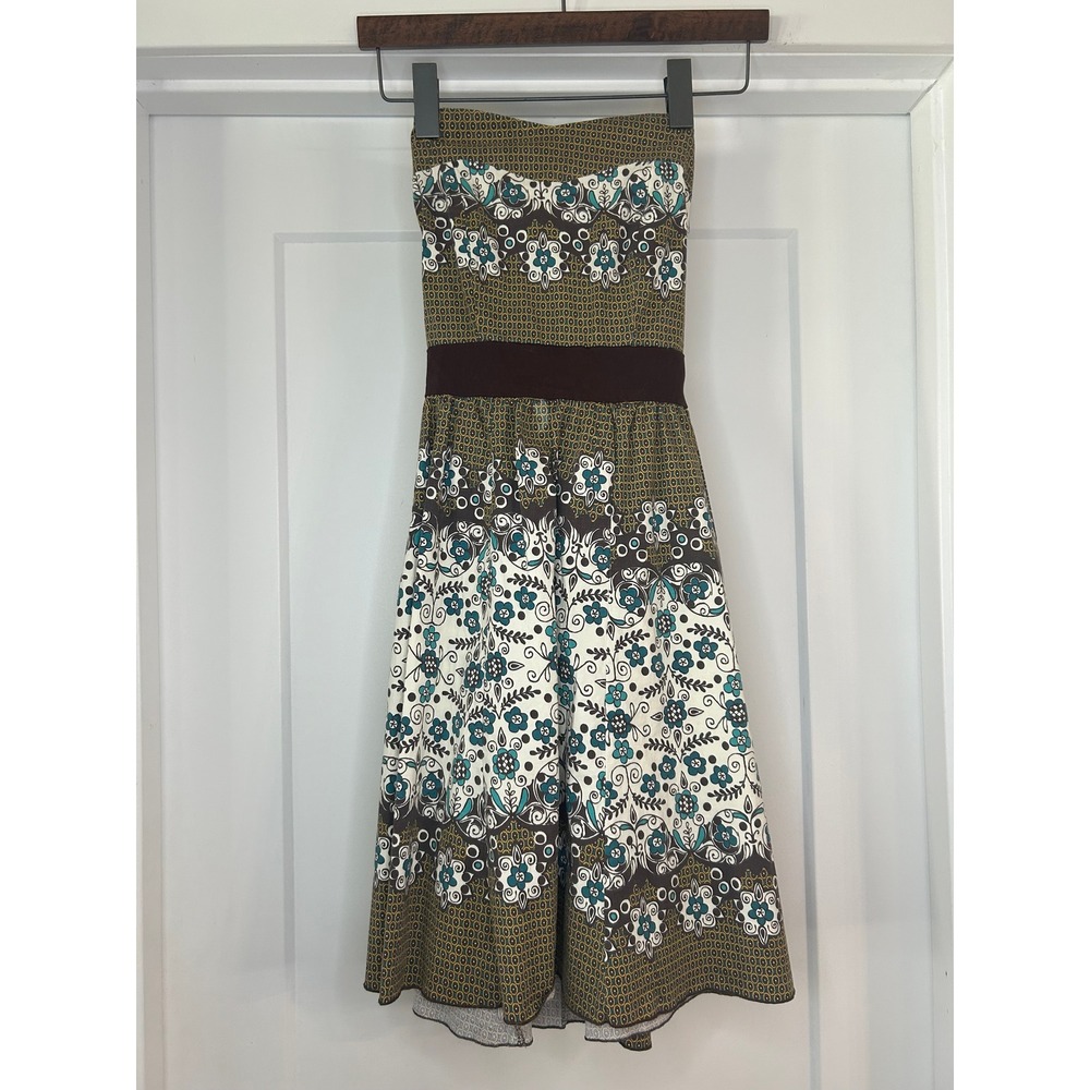 Urban Behavior Strapless Floral Boho Fit Flare Dress Brown Teal D7038CB XS